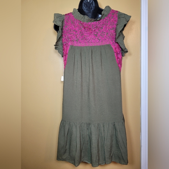 NWOT j.marie Linen Blend Isla Mae Olive Green Embroidered Tiered Boho Mini Dress - Picture 12 of 13
